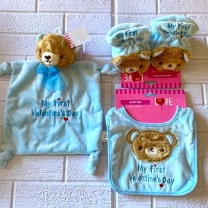 My First Valentine’s Day small security blanket, bib and baby booties